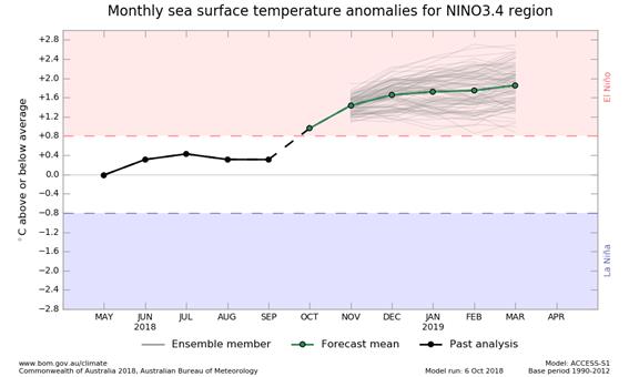 NINO3.4 SST plume graphs from ACCESS-S forecasts, updated daily